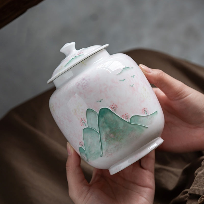 Hand Painted Landscape Ceramic Tea Pot Large Storage Sealed