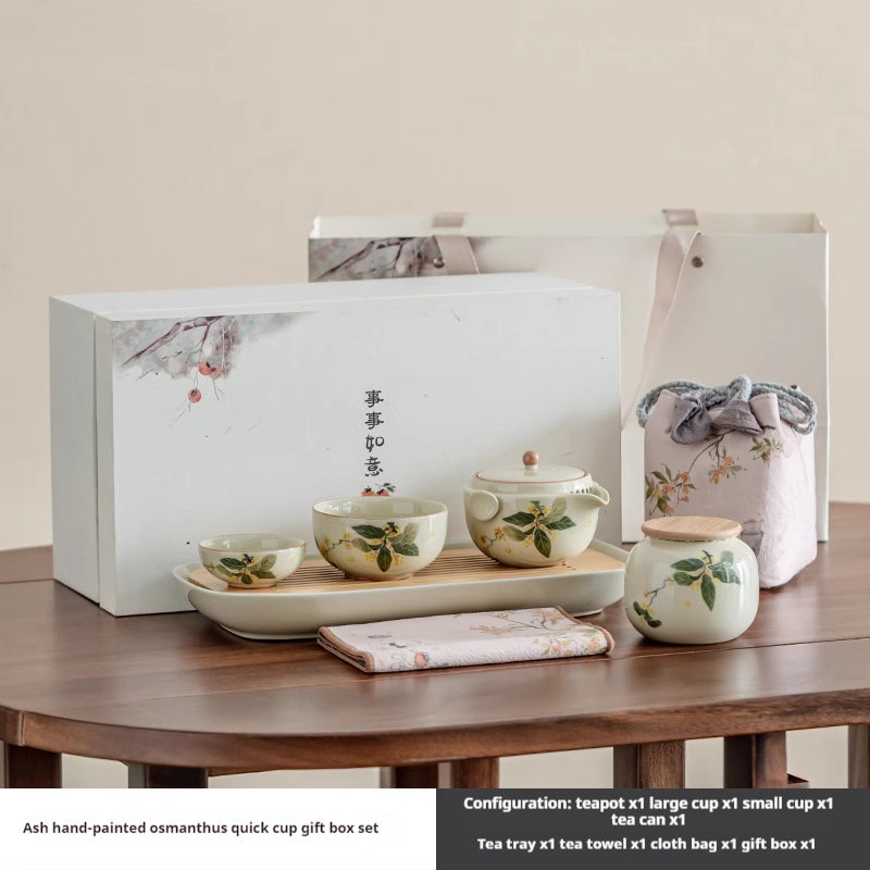 Hand Drawn Osmanthus Flower Pot Cup Travel Portable Tea Set
