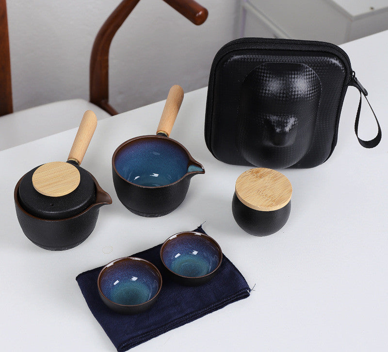 Portable Black Pottery Side Handle Pot Travel Tea Set