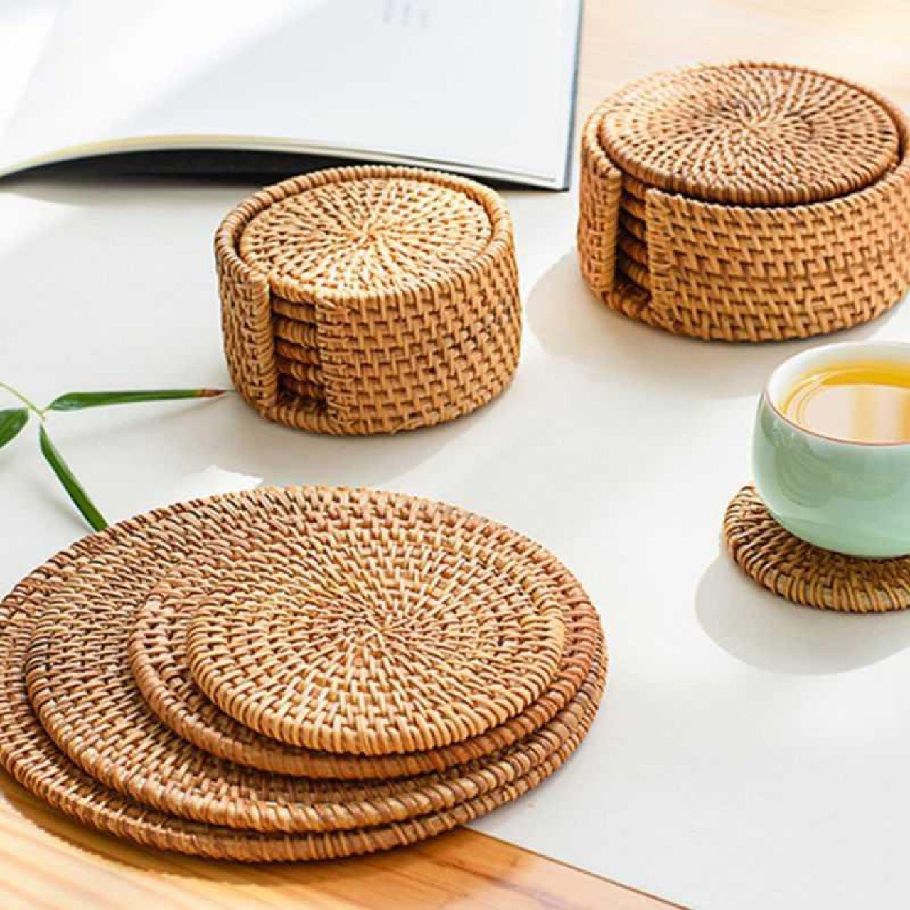Woven Vietnamese Rattan Coaster, Bamboo Tea Mat, Table Mat, Potholder, Teacup Pot Mat, Placemat, Tea Ceremony Tea Set