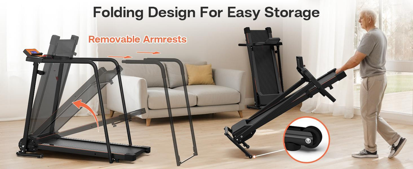 Elderly Rehabilitation Treadmill With Long Armrests LCD Display 300 Lbs Weight Capacity 3 Control Modes Cup Holder 0.5 To 7.5 MPH Speed Safety Key Easy-Move Wheels