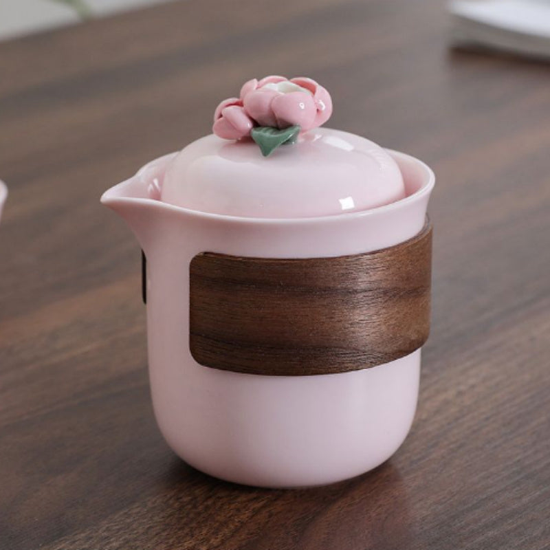 White Porcelain Pinch Flower One Pot Fills Three Cups Outdoor Camping Tea Anti-scald Pot Portable Travel Tea Set