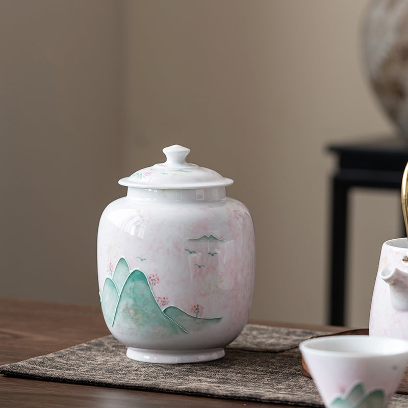 Hand Painted Landscape Ceramic Tea Pot Large Storage Sealed