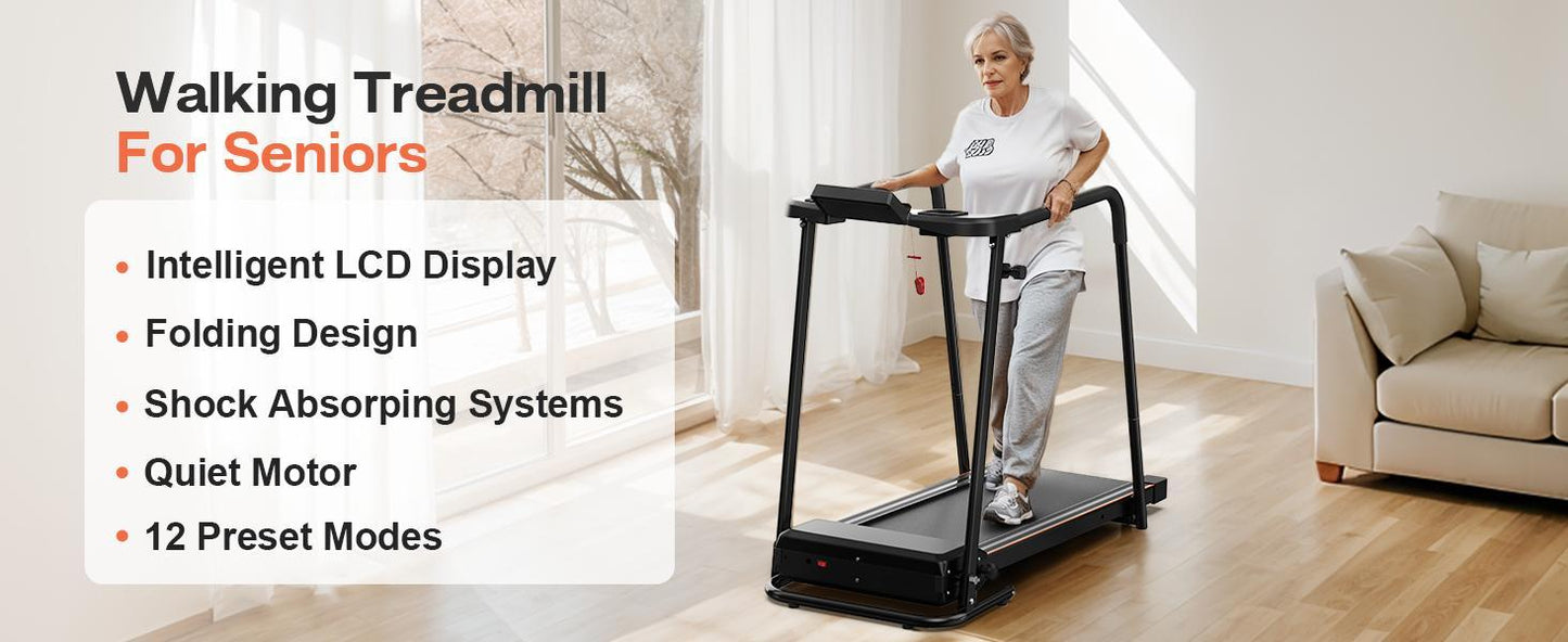 Elderly Rehabilitation Treadmill With Long Armrests LCD Display 300 Lbs Weight Capacity 3 Control Modes Cup Holder 0.5 To 7.5 MPH Speed Safety Key Easy-Move Wheels