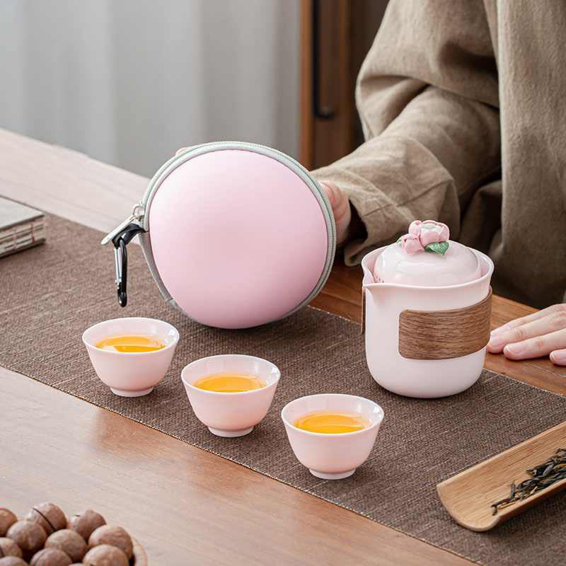 White Porcelain Pinch Flower One Pot Fills Three Cups Outdoor Camping Tea Anti-scald Pot Portable Travel Tea Set