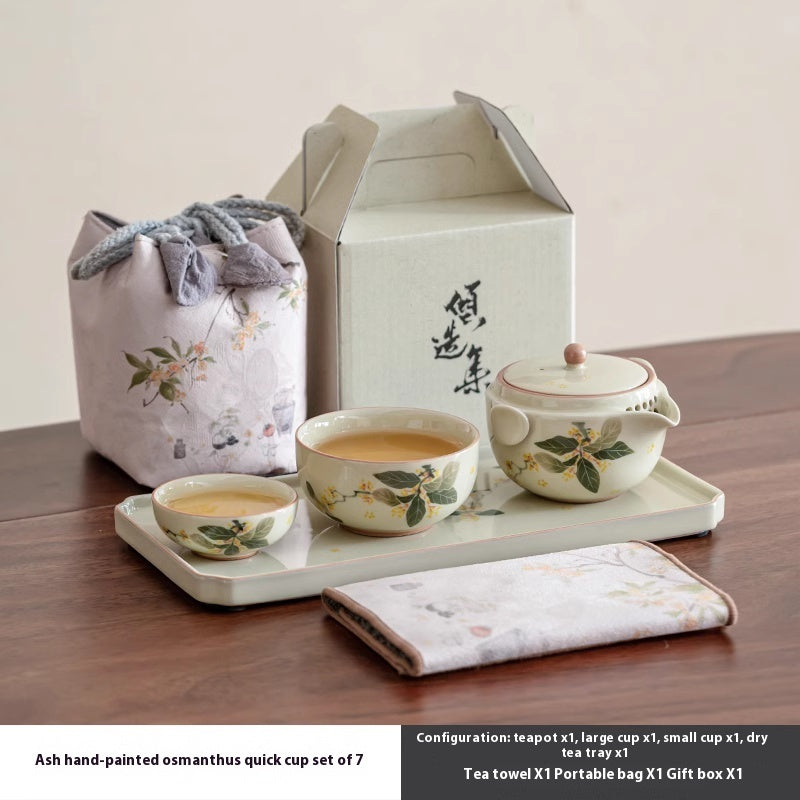 Hand Drawn Osmanthus Flower Pot Cup Travel Portable Tea Set